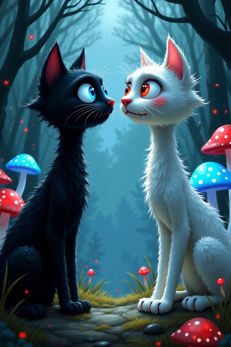 A whimsical digital painting of two stretched cats,  one pitch black and one snow white,  locked in an intense stare. They...