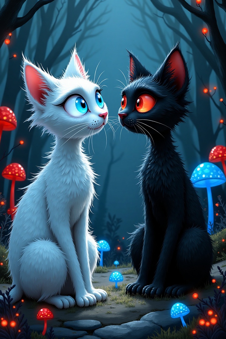 A whimsical digital painting of two stretched cats,  one pitch black and one snow white,  locked in an intense stare. They...