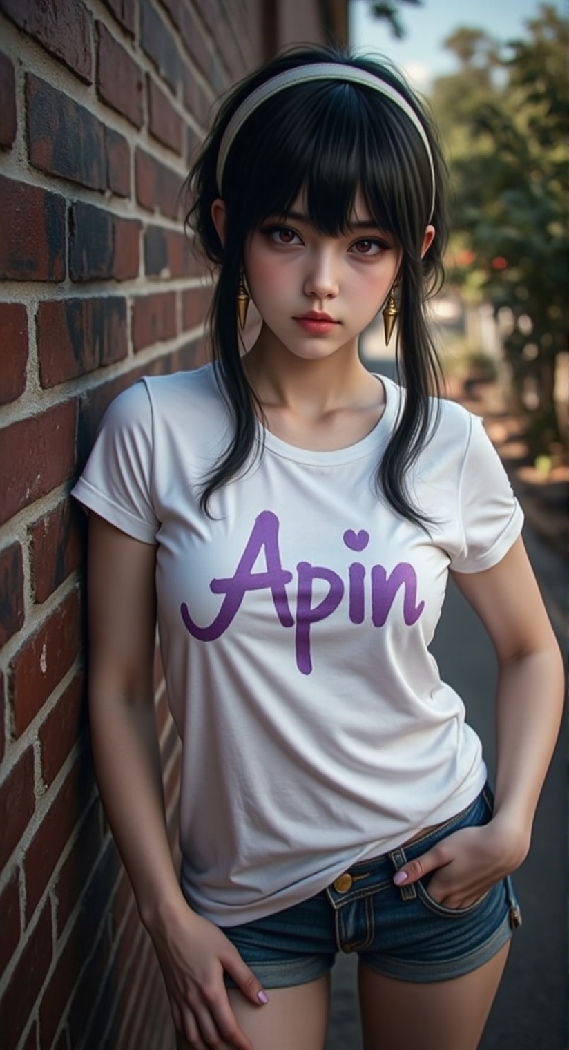 A realistic half-portrait of Yor Forger standing in front of a graffiti-covered brick wall. She has pale skin,  black hair...