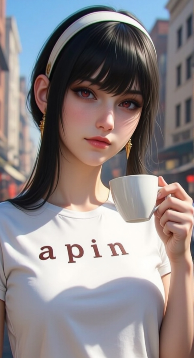 A realistic half-portrait of Yor Forger with pale skin,  black hair styled with sidelocks and short hair with long locks,...