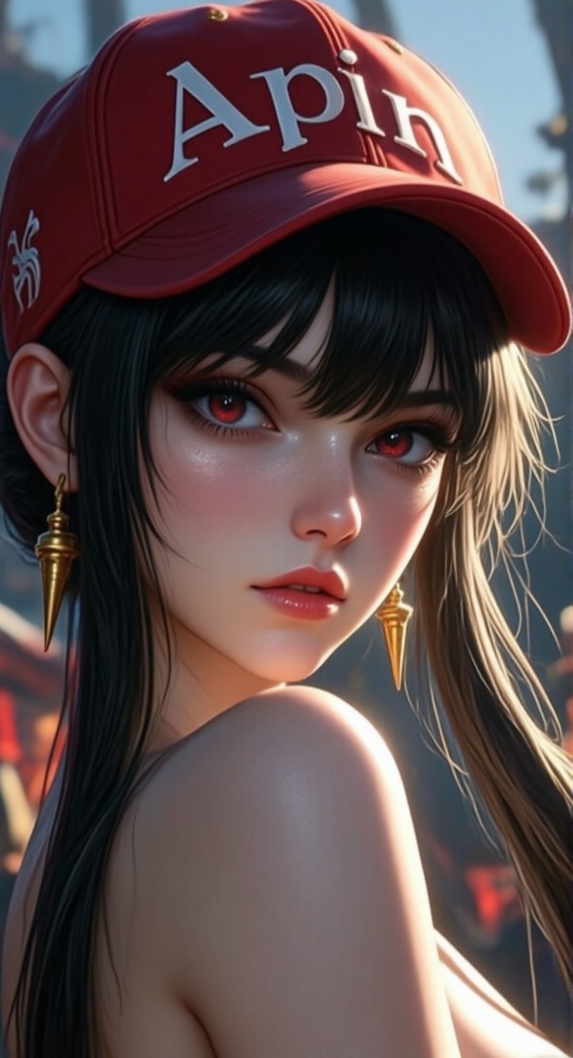A realistic half-portrait of Yor Forger holding a knife. She has pale skin,  black hair styled with sidelocks and short ha...