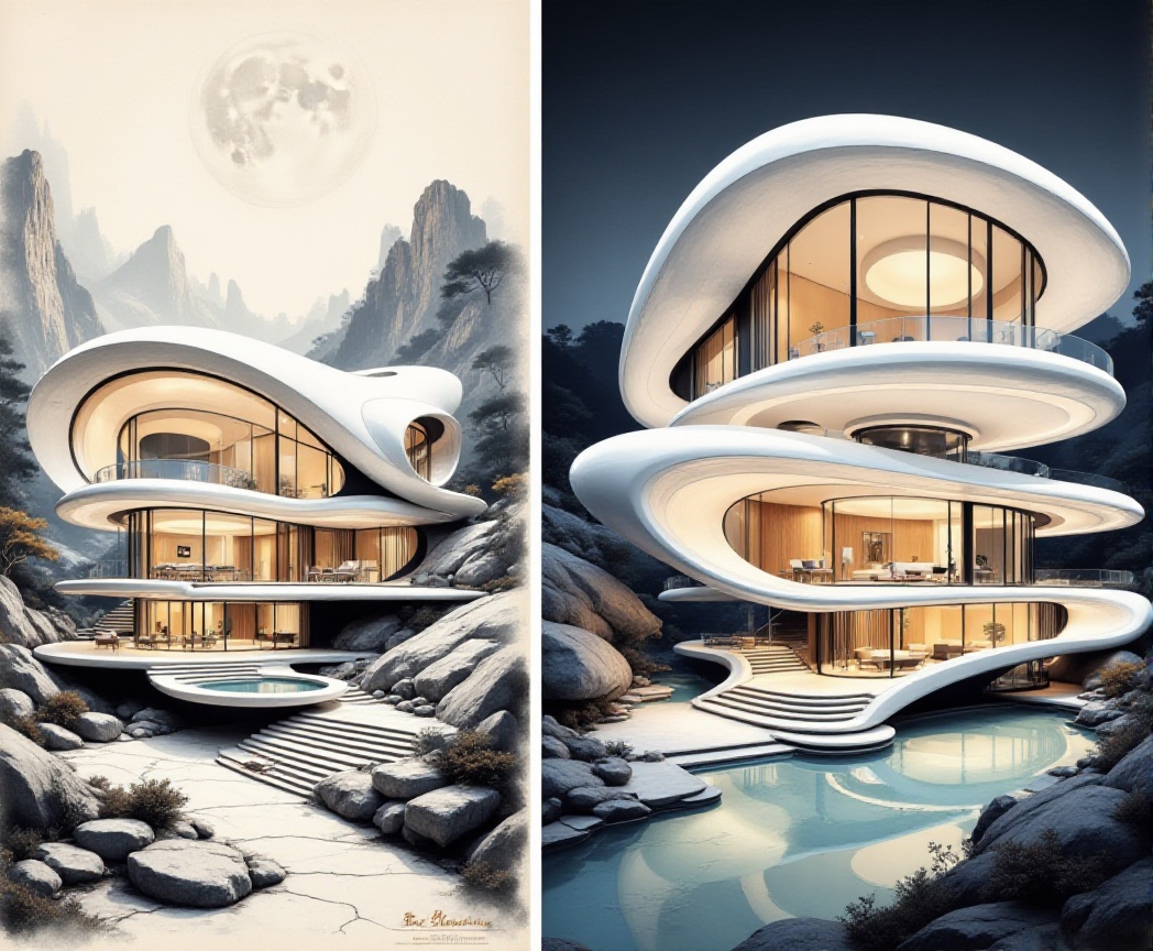 There are two pictures collages included : one is a picture on the left,  a Chinese ink painting,  a landscape on Tensor.Art