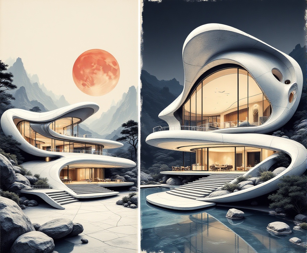 There are two pictures collages included : one is a picture on the left,  a Chinese ink painting,  a landscape on Tensor.Art