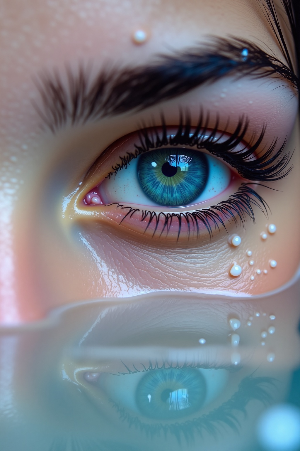 A close-up view of a doll's face,  the eye of the doll is blue with black eyebrows and black eyelashes. The doll's eyes ar...