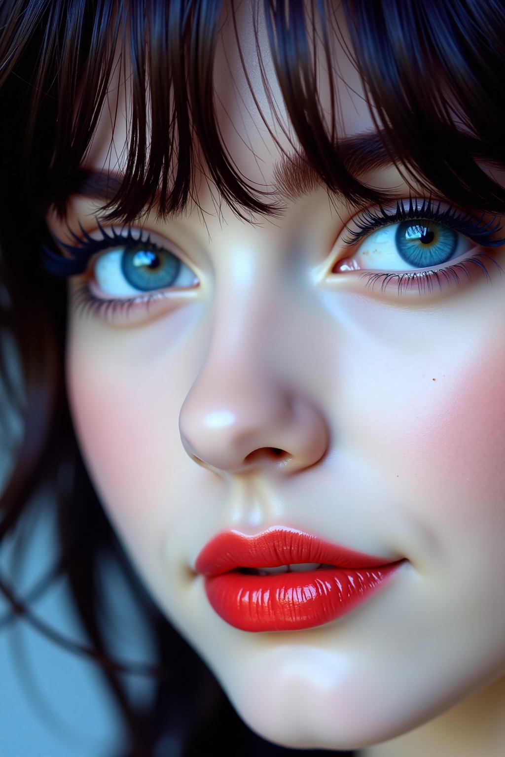 a close-up of a woman's face is depicted. Her eyes are a piercing blue,  and her eyelashes are a darker shade of blue. Her...