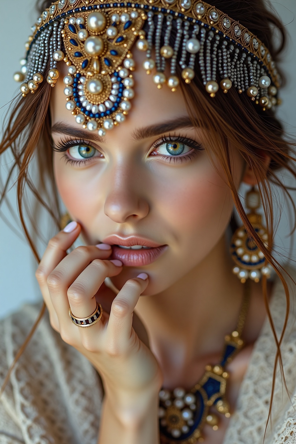 a close-up shot captures a woman's face,  adorned with a headdress adorned with beads and pearls. The woman's eyes are a p...