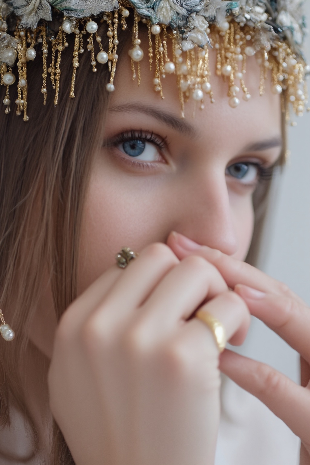 a close-up shot captures a woman's face,  adorned with a headdress adorned with beads and pearls. The woman's eyes are a p...