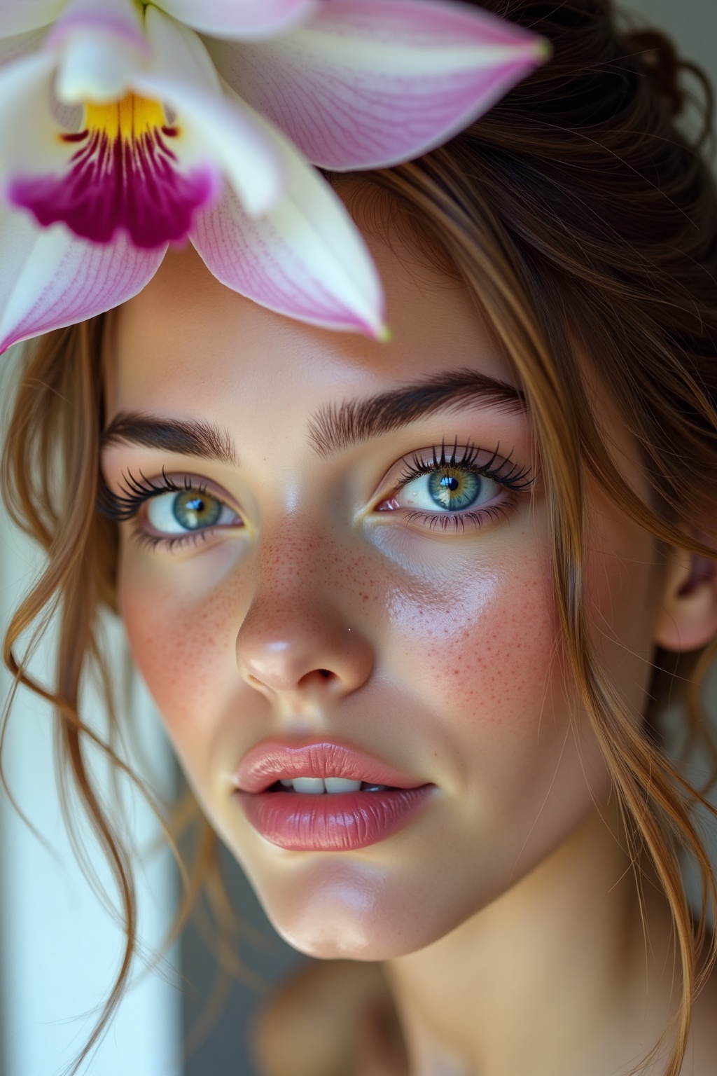 A close-up eye-level shot of a woman's face,  adorned with freckles and a pink lip. Her eyes are a piercing blue,  and her...