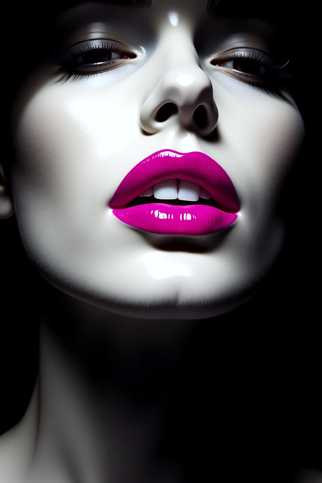 An eye-level shot of a white woman's face,  adorned with a vibrant pink lipstick. The lips are adorned with white teeth,...