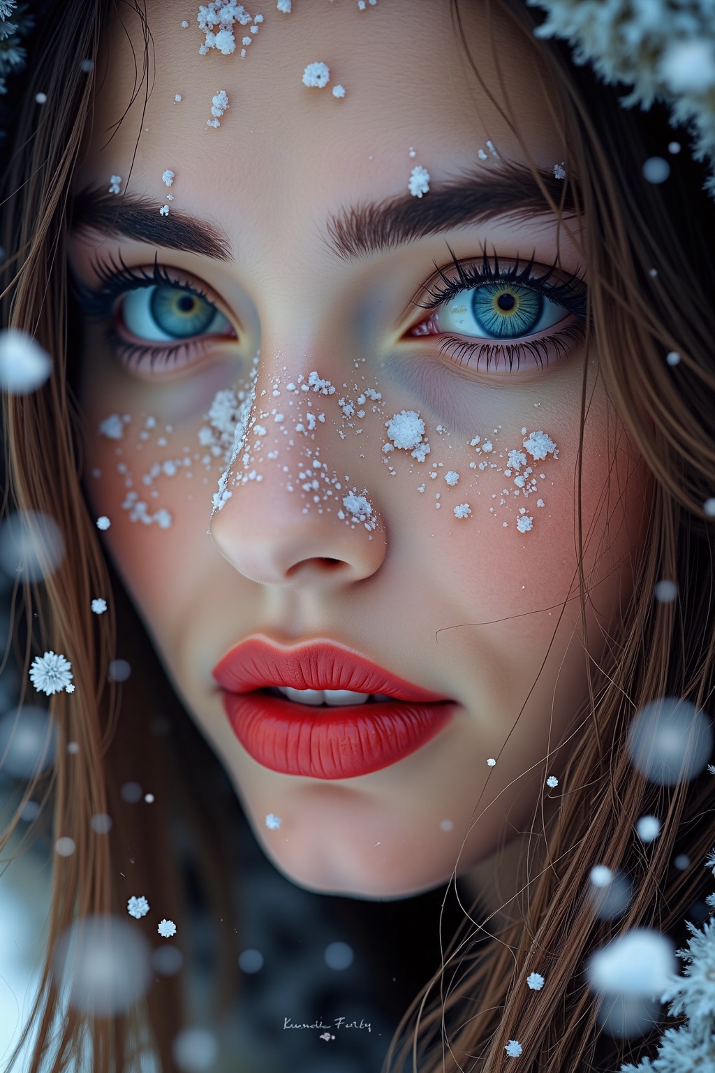 An eye-level shot of a woman's face covered in snow. The woman's eyes are a piercing blue,  and her eyelashes are a darker...