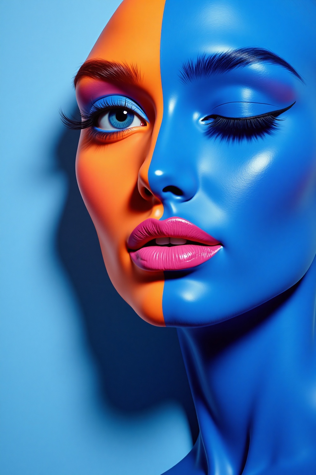 a close-up of a woman's face is depicted in a split-up view. The woman's lips are painted in a vibrant shade of pink,  wit...