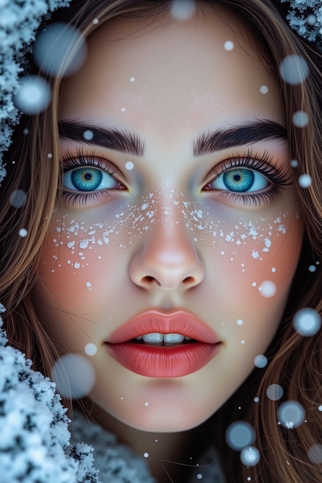 An eye-level shot of a woman's face covered in snow. The woman's eyes are a piercing blue,  and her eyelashes are a darker...