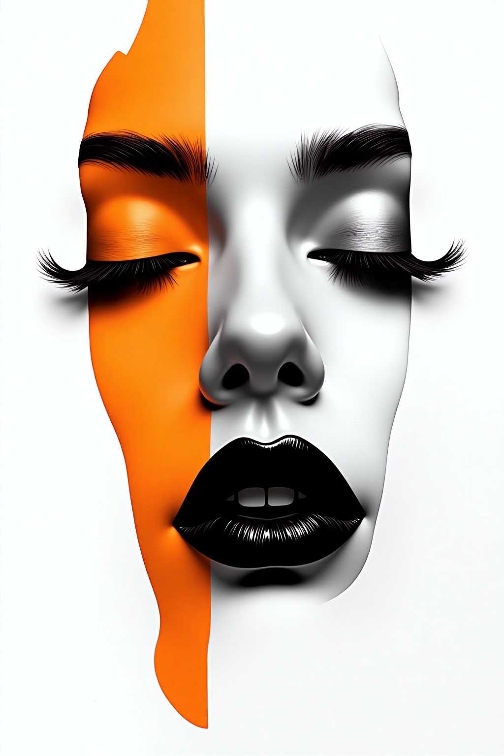 a close-up shot of a woman's face is displayed against a stark white backdrop. The woman's lips,  a dark shade of black,...