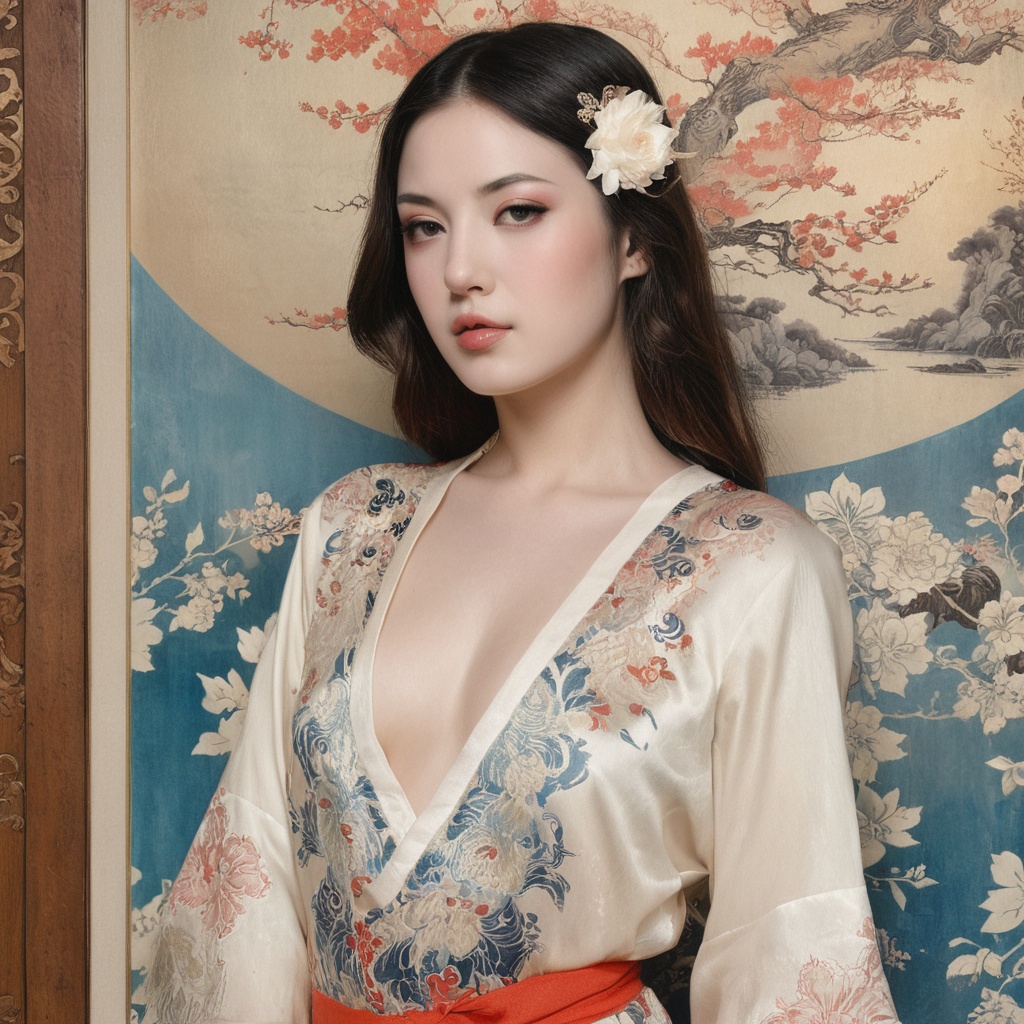 1 Petite girl,  realistic figures in the foreground,  Ukiyo-e painting in the background an art deco painting:0.25 a photo...