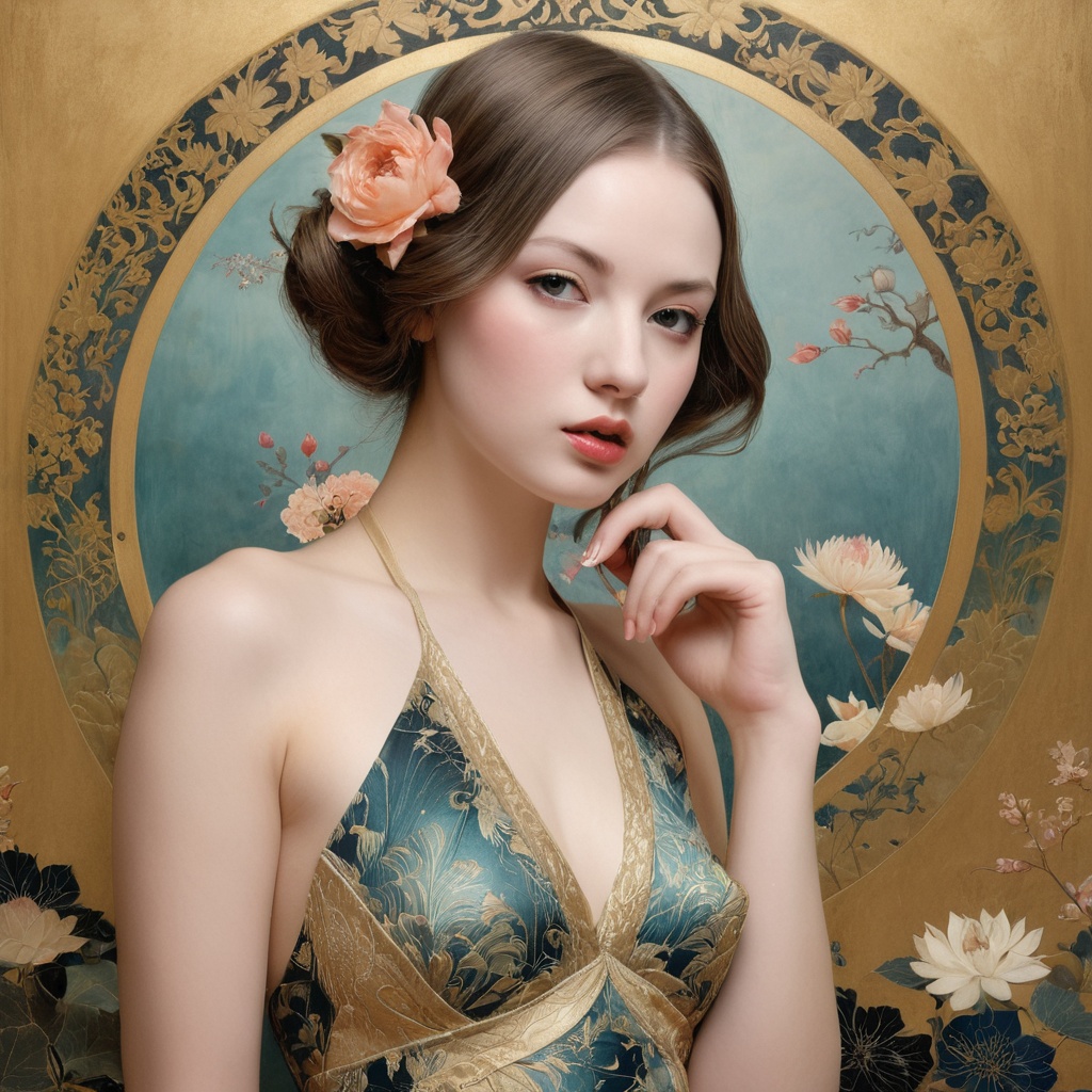 1 Petite girl,  realistic figures in the foreground,  Ukiyo-e painting in the background an art deco painting:0.25 a photo...