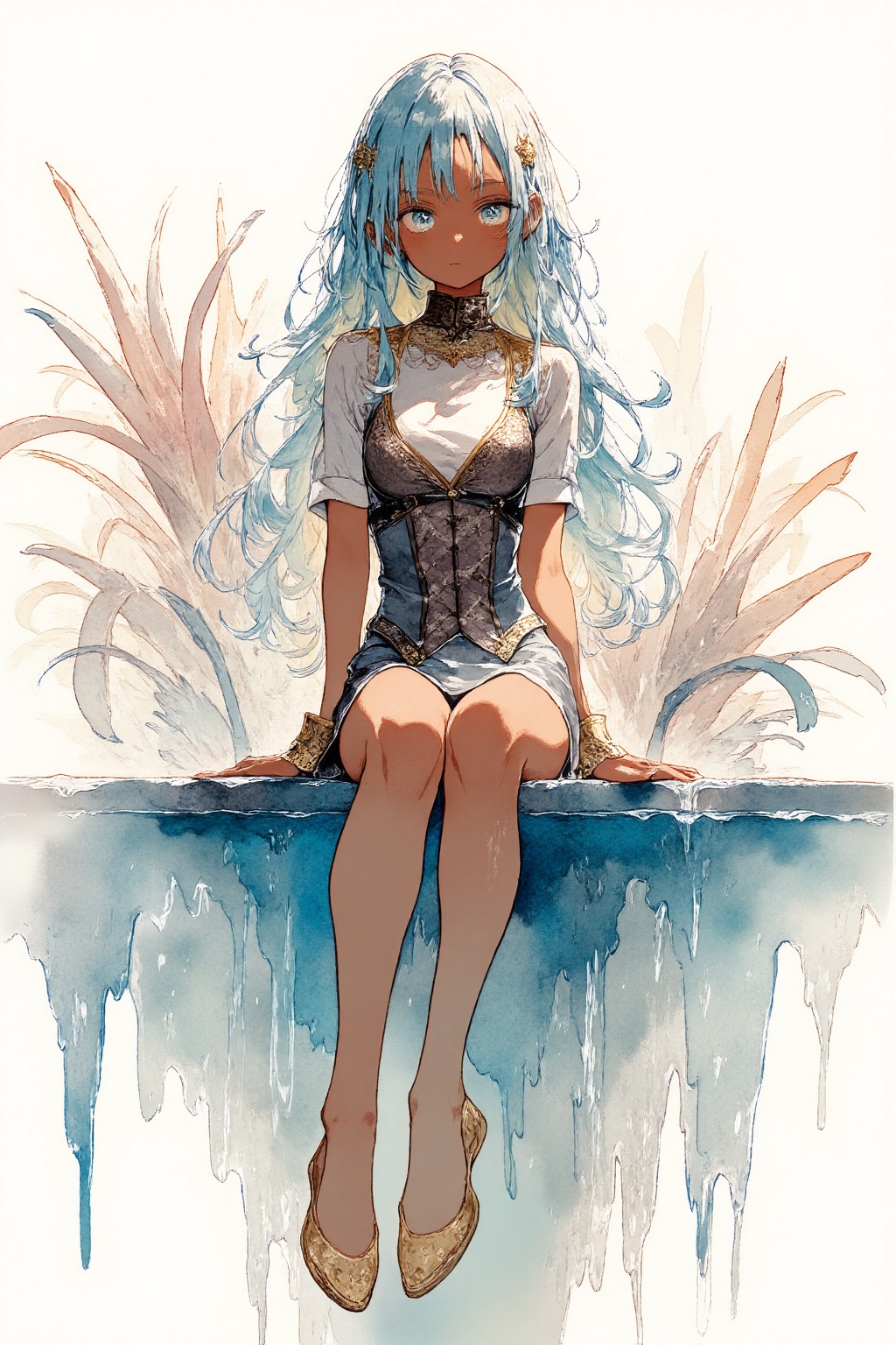 1girl,  Sitting crossed leg with hands on knees,  at a fountain on Tensor.Art