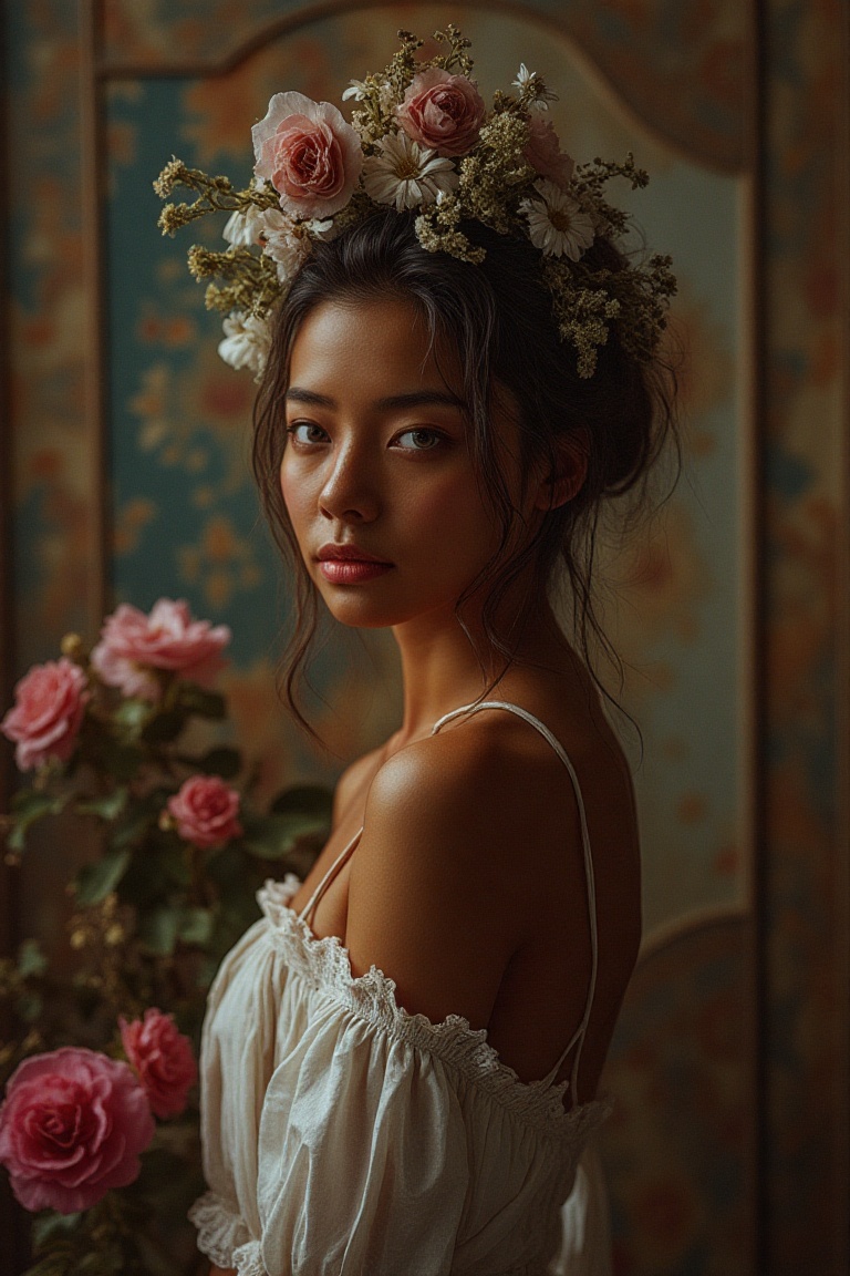 Elegant woman posing in a lavish setting amidst a decadent backdrop of intricately layered textures and colors. Vibrant fl...