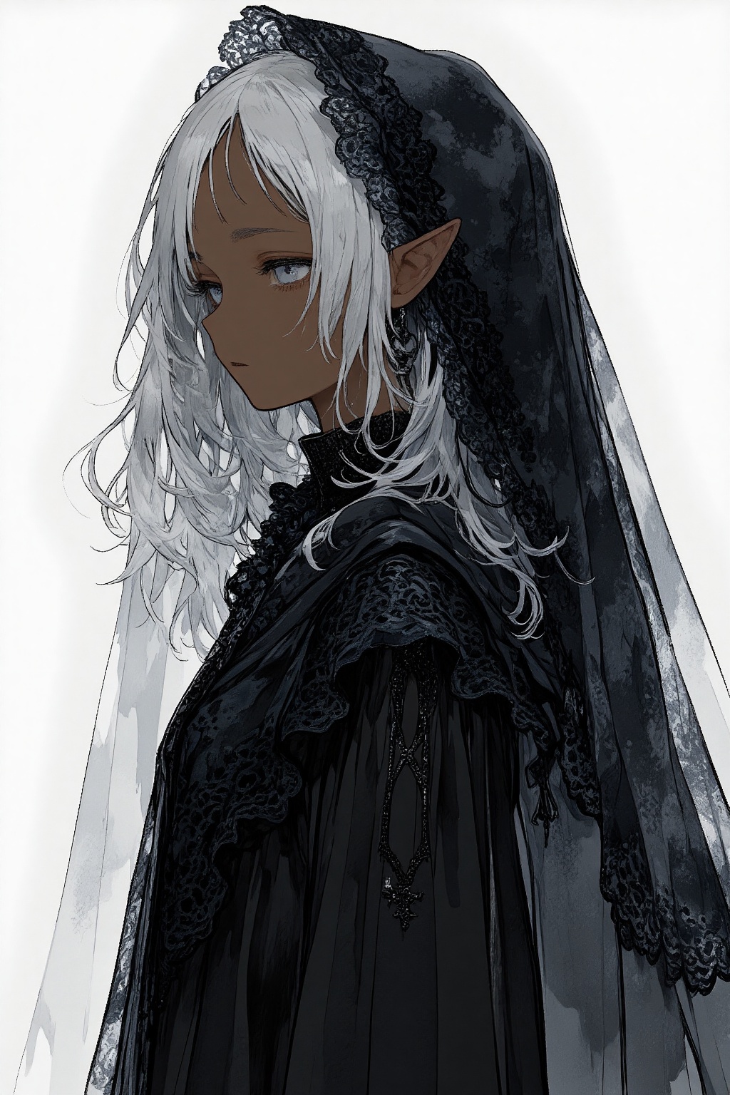 gray hair,  black witch clothes,  moon earrings on Tensor.Art