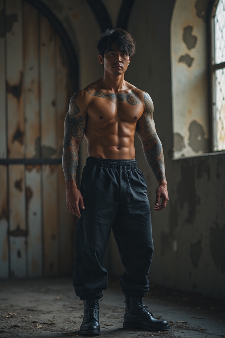 create an image of a strong intimidating asian boy warrior that is a muscular body builder warrior,  with Iron Skin,  shor...