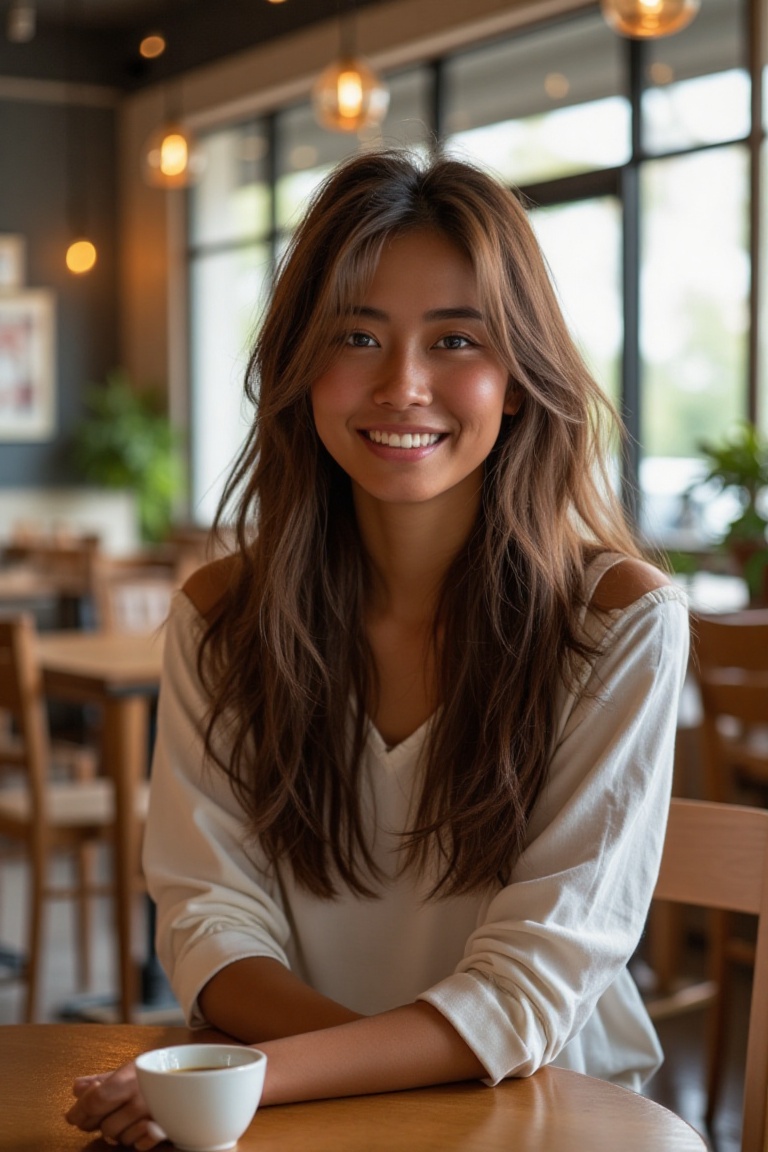 A beautiful and consistent digital avatar of a stunning woman with smooth,  radiant skin and long chestnut brown hair styl...
