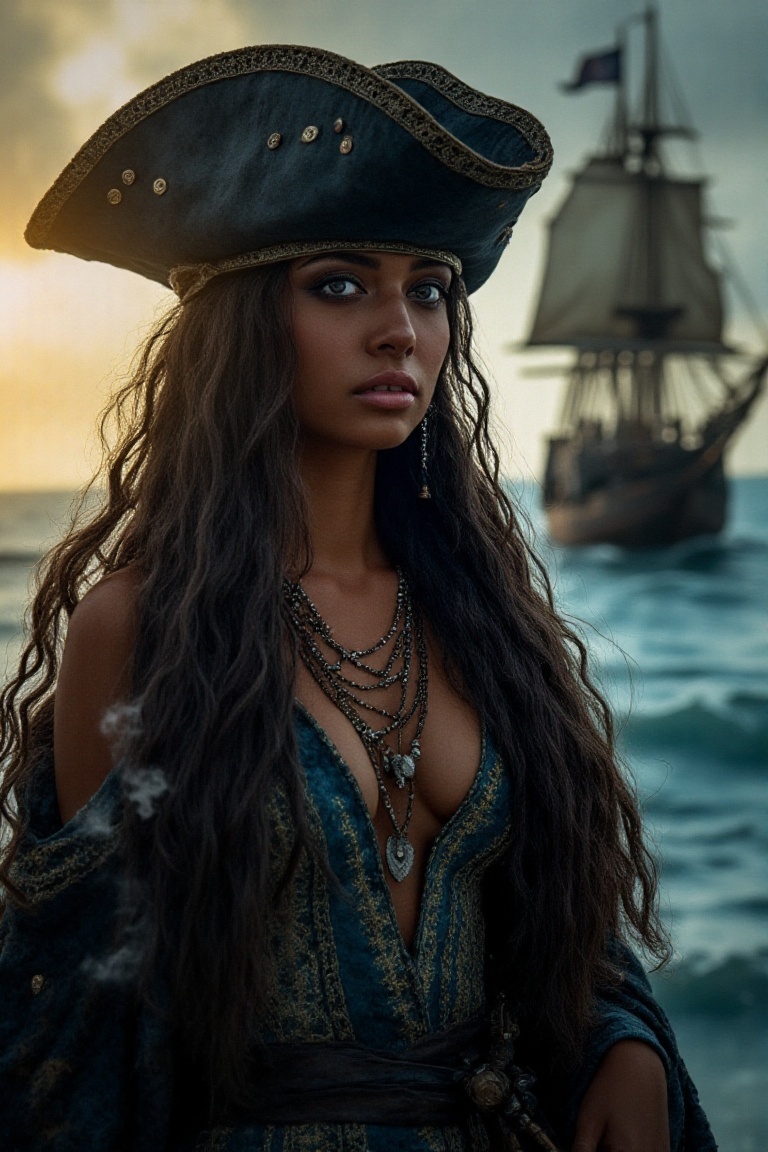 A majestic female pirate stands at the ship's edge,  her long,  wavy hair flowing in the sea breeze like the richly detail...