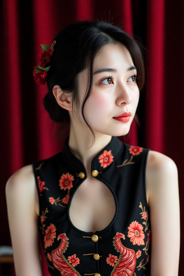 Young Asian woman,  20s,  in a traditional Chinese cheongsam. The cheongsam is a sleeveless on Tensor.Art
