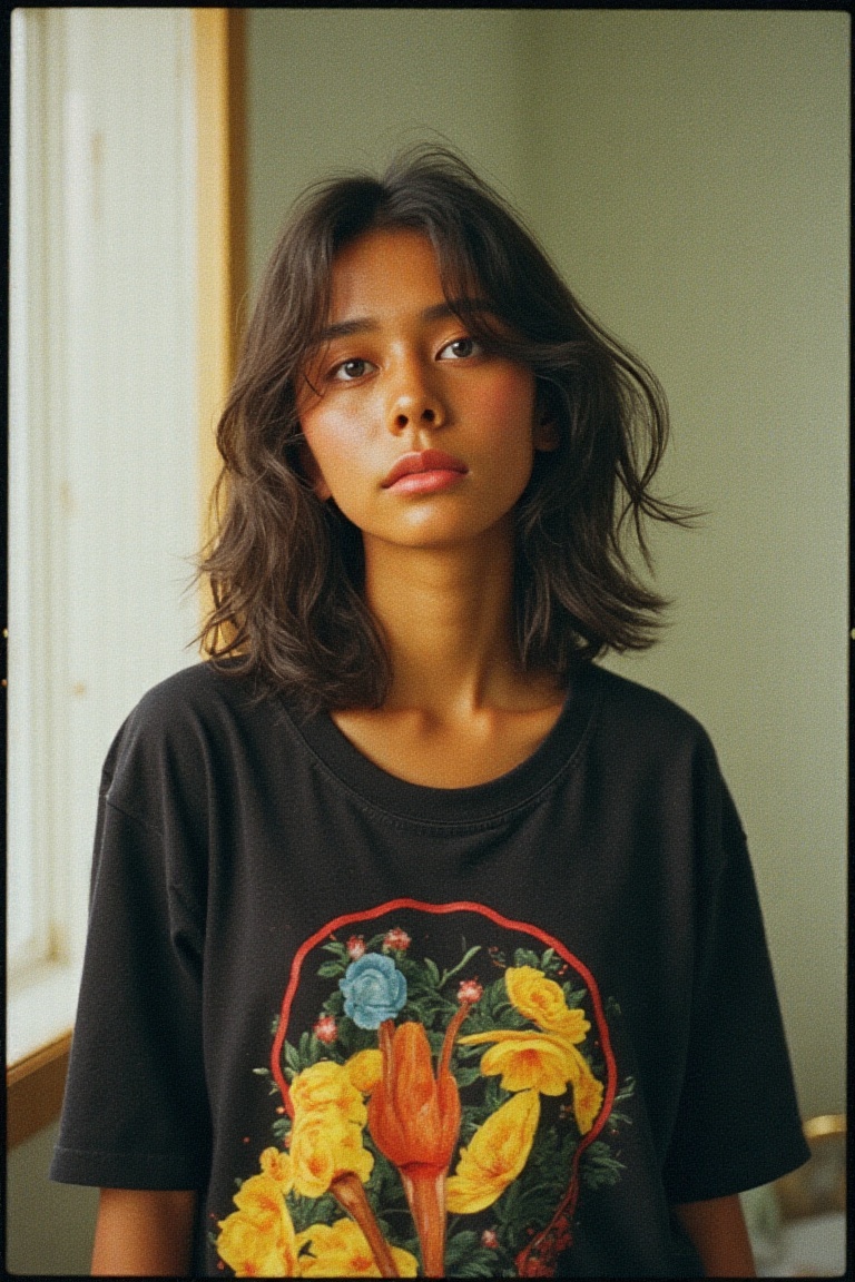 Portrait of a beautiful slim alternative 20 year old ,  t-shirt,  analog on Tensor.Art
