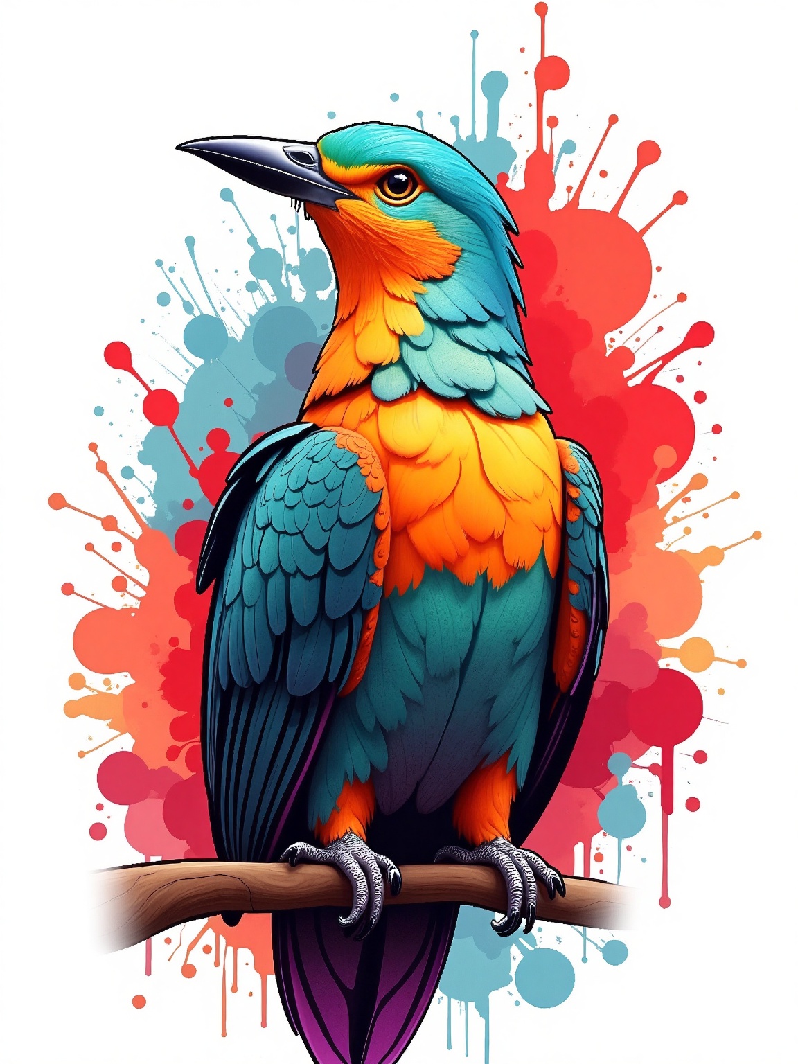 A vibrant and majestic bird with striking turquoise,  orange,  and yellow plumage perches on a branch. Its feathers blend...