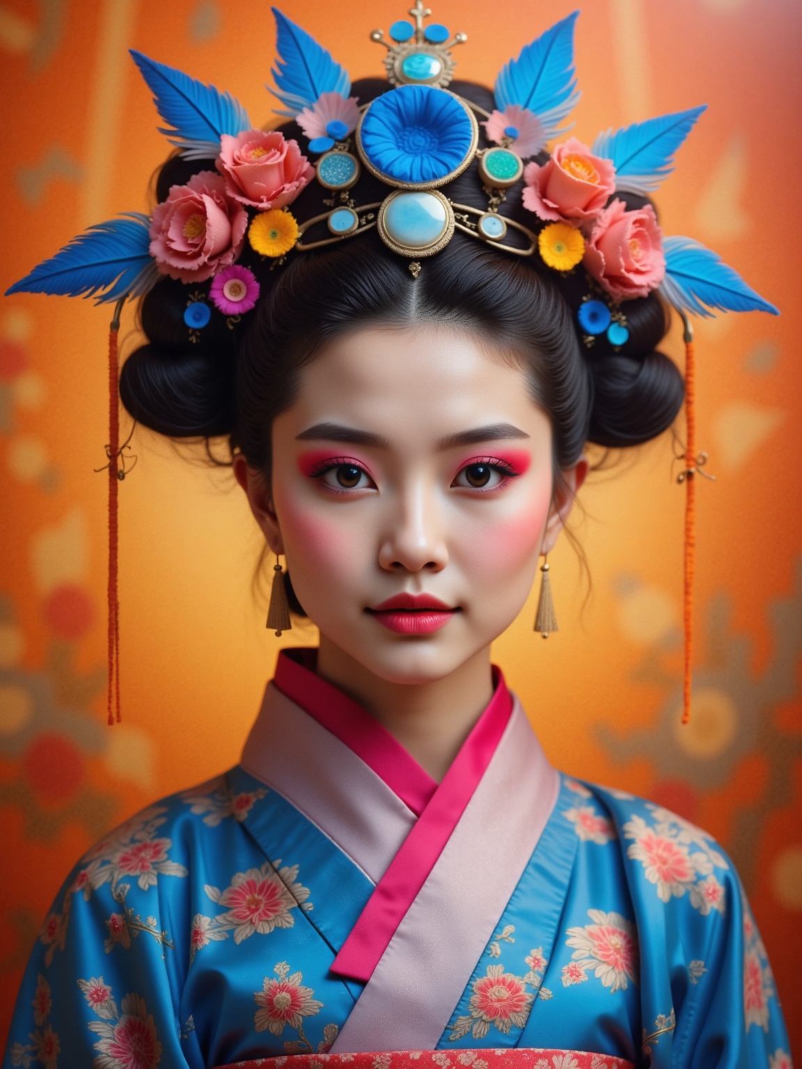 A young woman adorned in an intricate and ornate headdress,  featuring vibrant blue feathers and multicolored flowers. She...