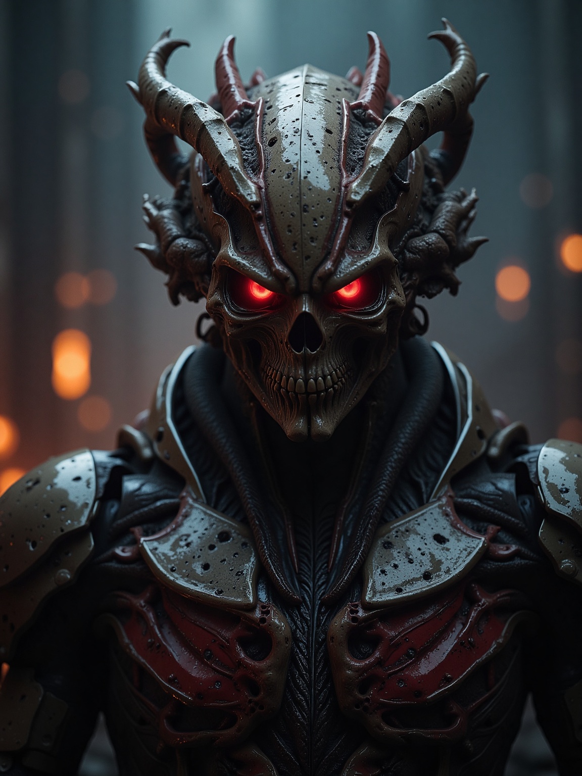 A formidable skeletal figure stands amidst a dark,  smoky landscape. Its skull,  adorned with sharp on Tensor.Art