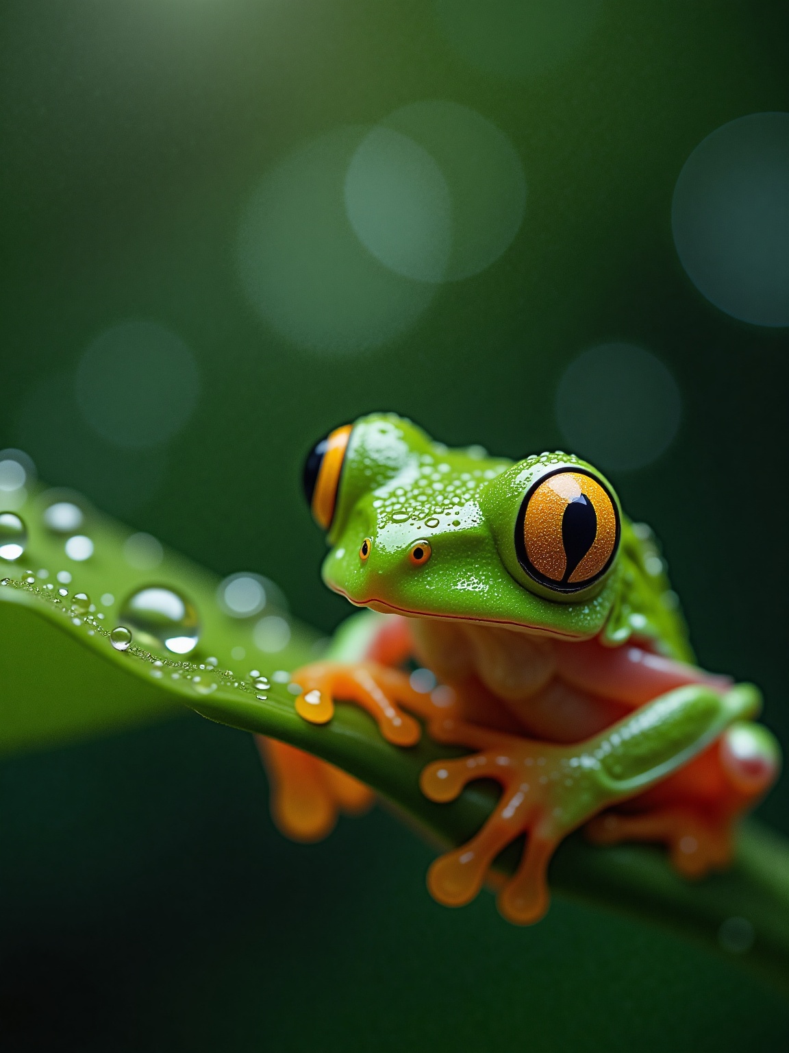 Ultra-detailed macro shot of a vibrant green tree frog clinging to a dewdrop-covered leaf. The frog has striking golden-ye...