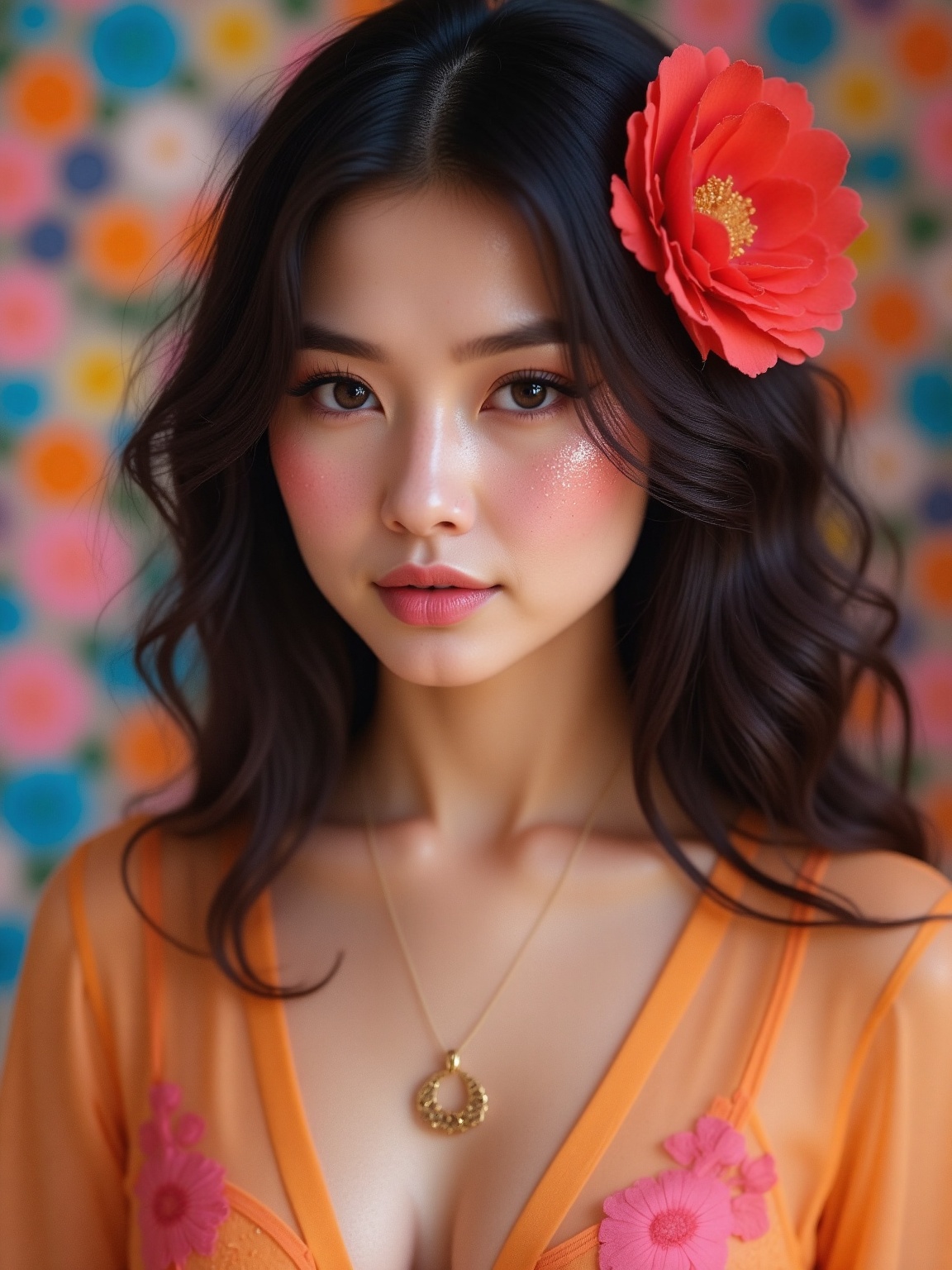 A woman with wavy,  dark hair adorned with a red flower,  wearing a sheer on Tensor.Art