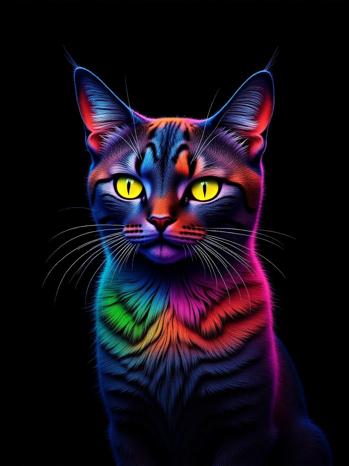 A cat is depicted in a mesmerizing,  vibrant style. Its fur radiates a spectrum of neon colors,  highlighted by electric b...