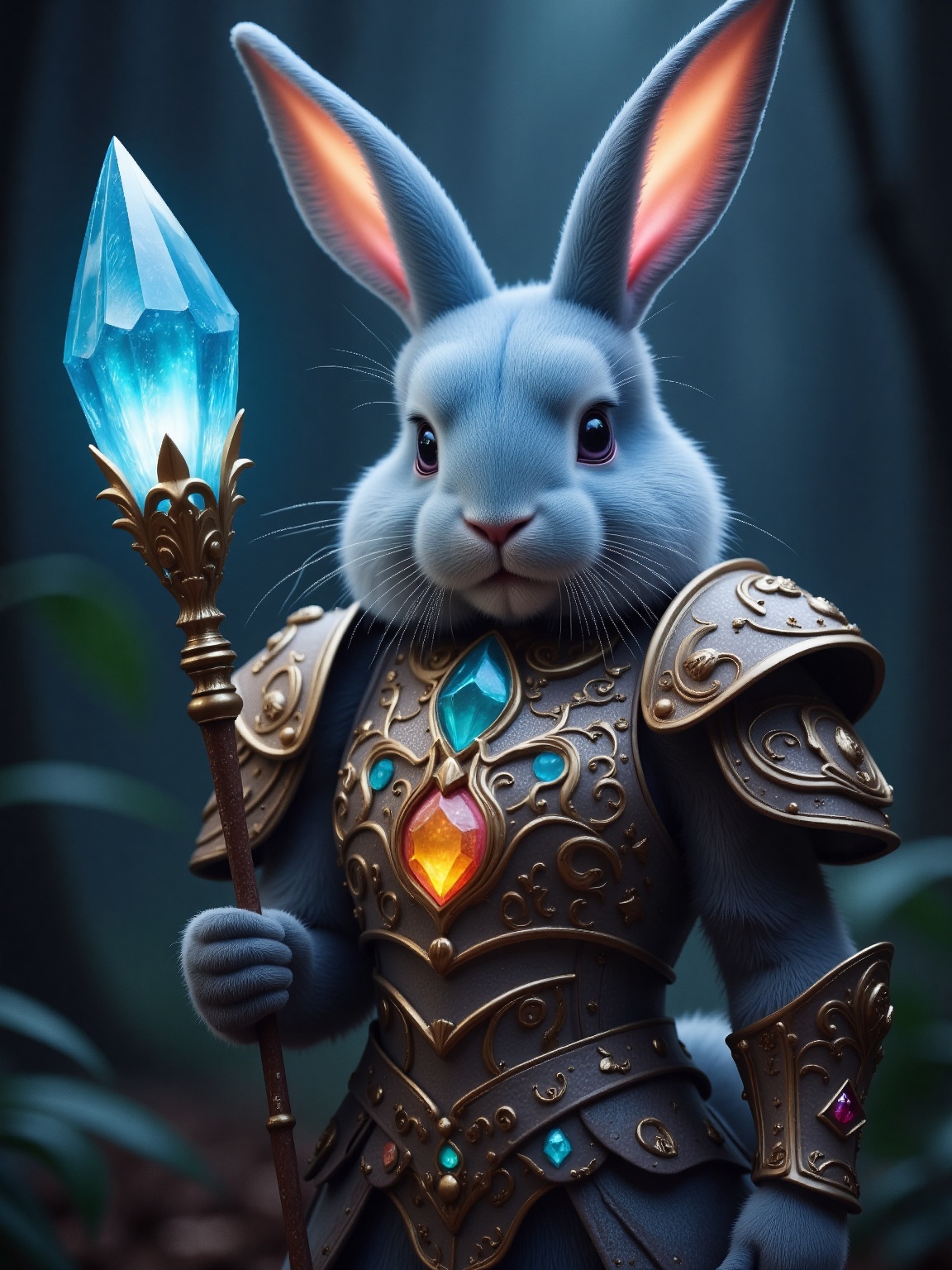 A fantastical rabbit dressed in ornate,  gold-trimmed armor holds a glowing blue crystal staff,  standing in a misty fores...