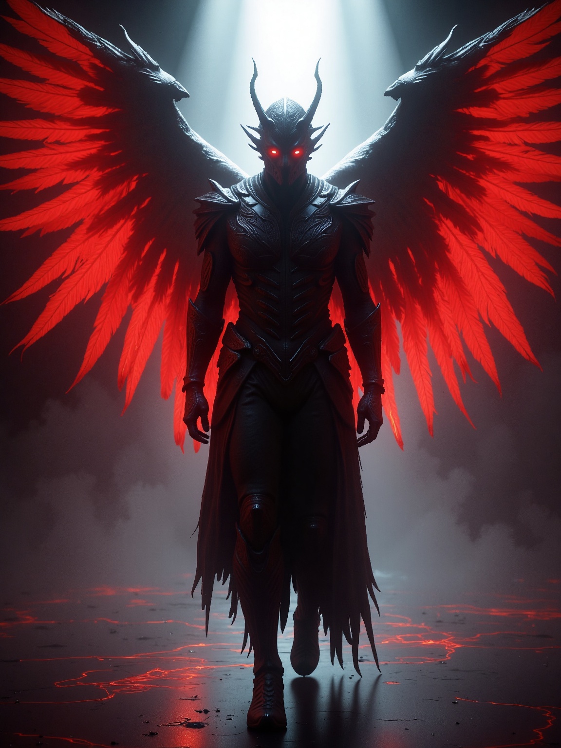 A dark,  imposing figure with wings strides forward,  bathed in intense light. The wings on Tensor.Art