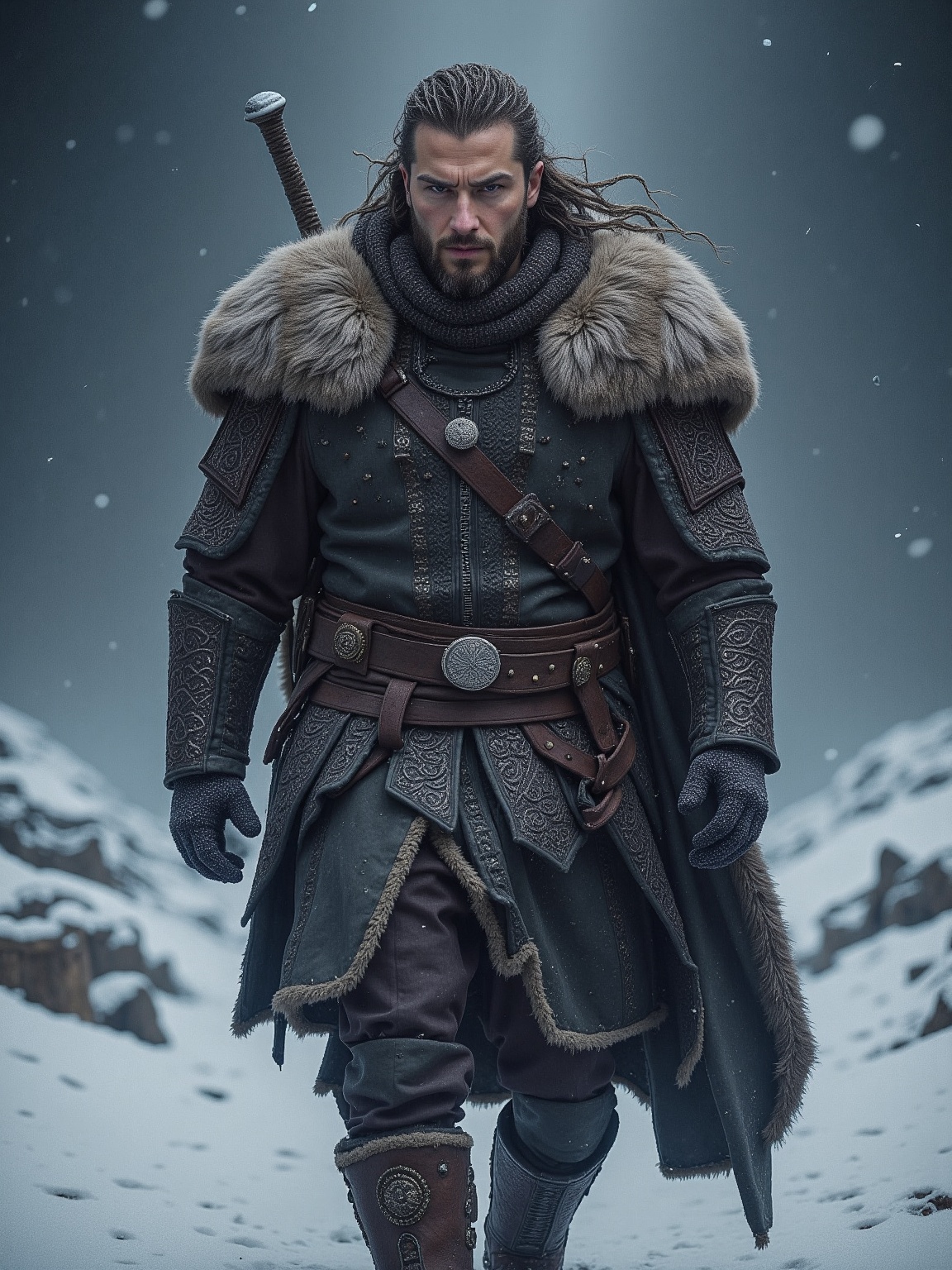 A formidable figure strides forward through a snowy landscape,  adorned in intricate Viking-inspired attire. The man's lon...