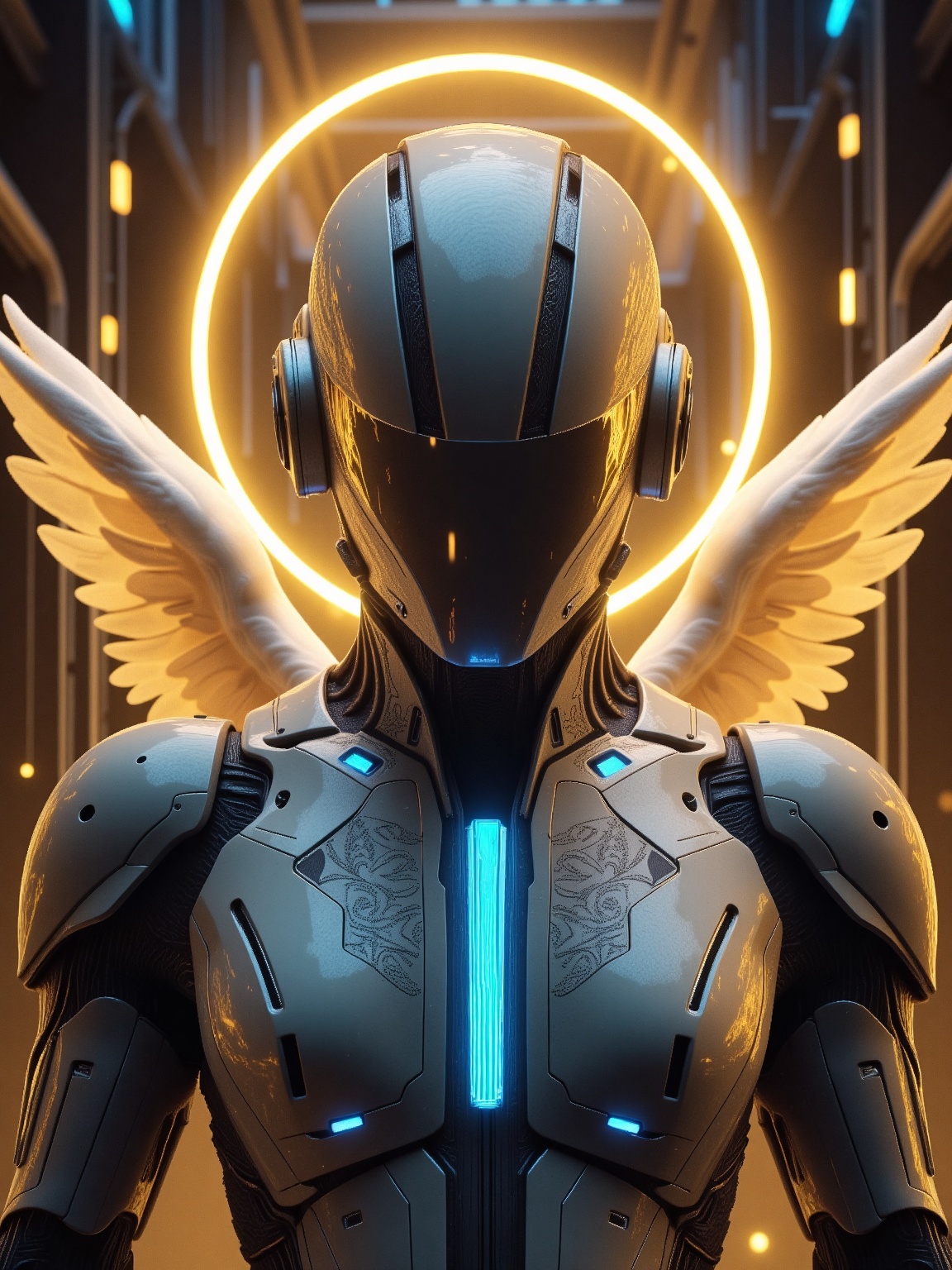Highly detailed sci-fi cybernetic angel in futuristic armor,  standing in a neon-lit industrial environment. The figure we...