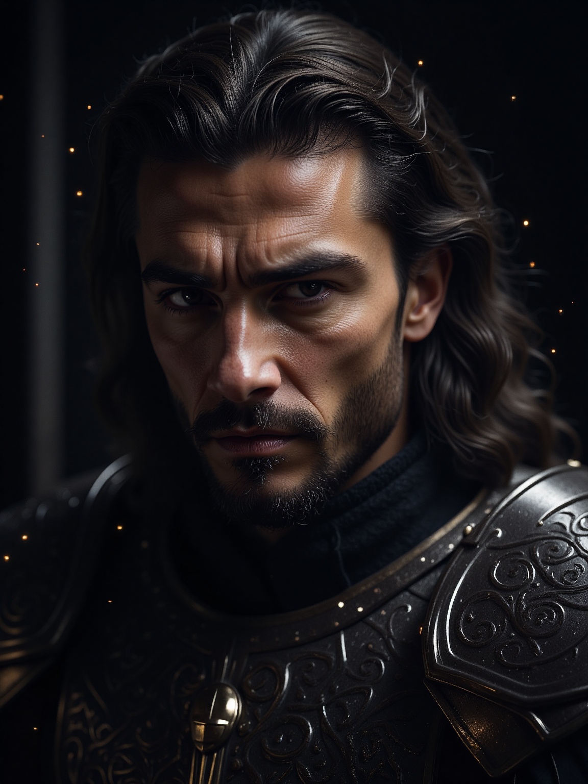 A man with rugged features and a stern expression clad in ornate,  dark armor stands against a shadowy background. His lon...