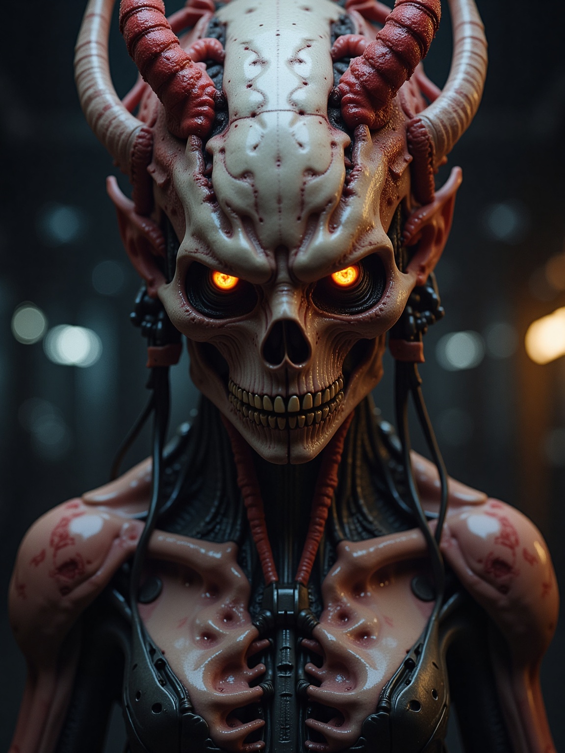 A menacing cybernetic entity stands prominently,  with a skeletal face resembling a demonic skull,  adorned with intricate...