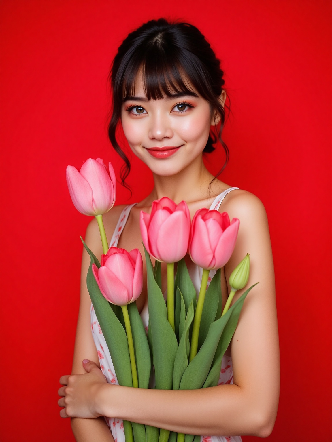 A portrait of a young Asian woman with dark brown hair and dark brown eyes. She is standing in front of a vibrant red back...