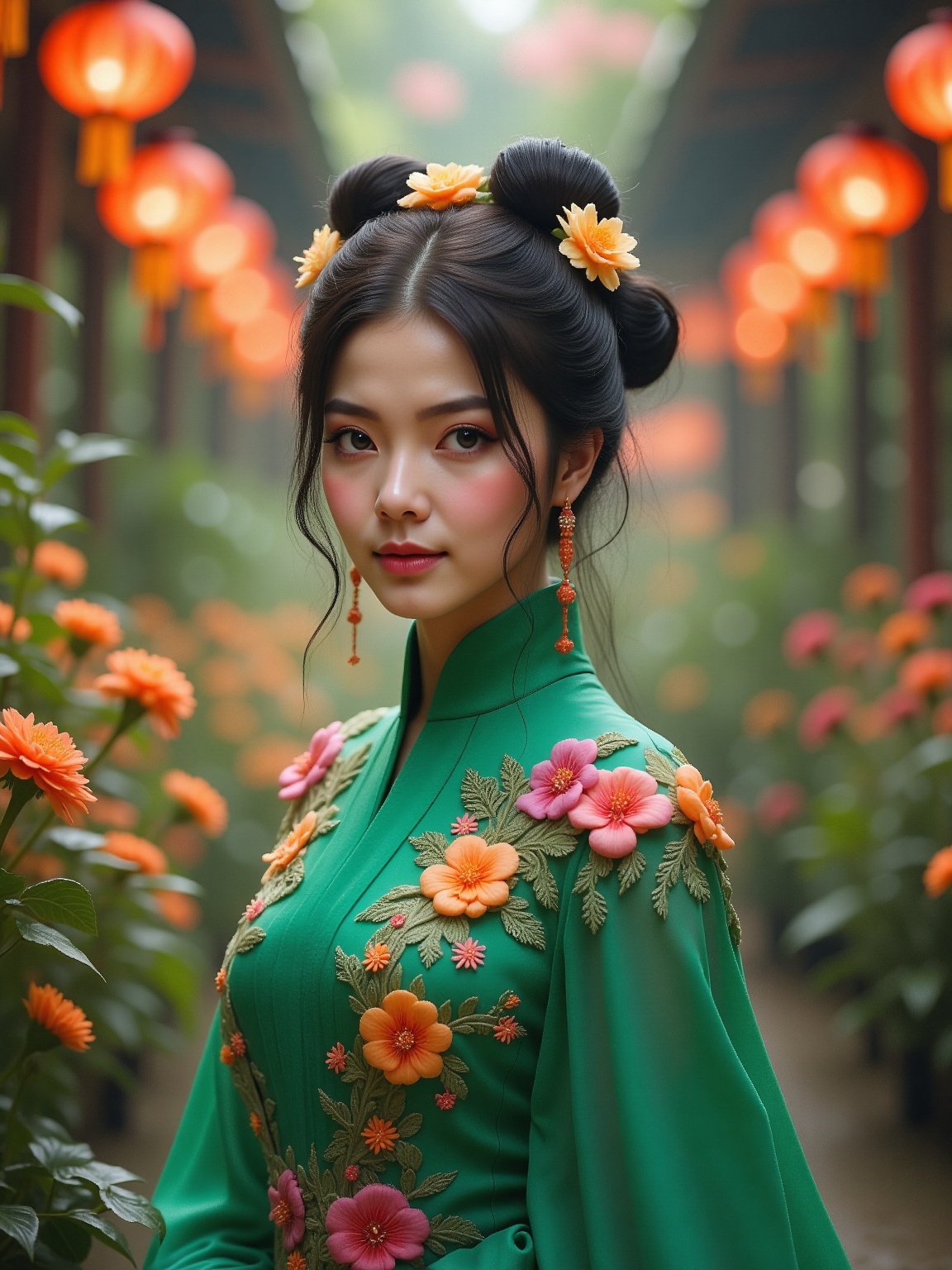 A young woman stands surrounded by vibrant flowers,  dressed in an elaborate green gown adorned with colorful floral embel...