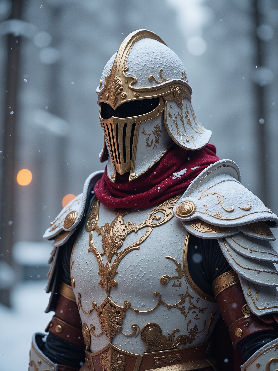 A majestic knight stands in a snowy landscape,  clad in ornate white and gold armor adorned with intricate patterns and sn...