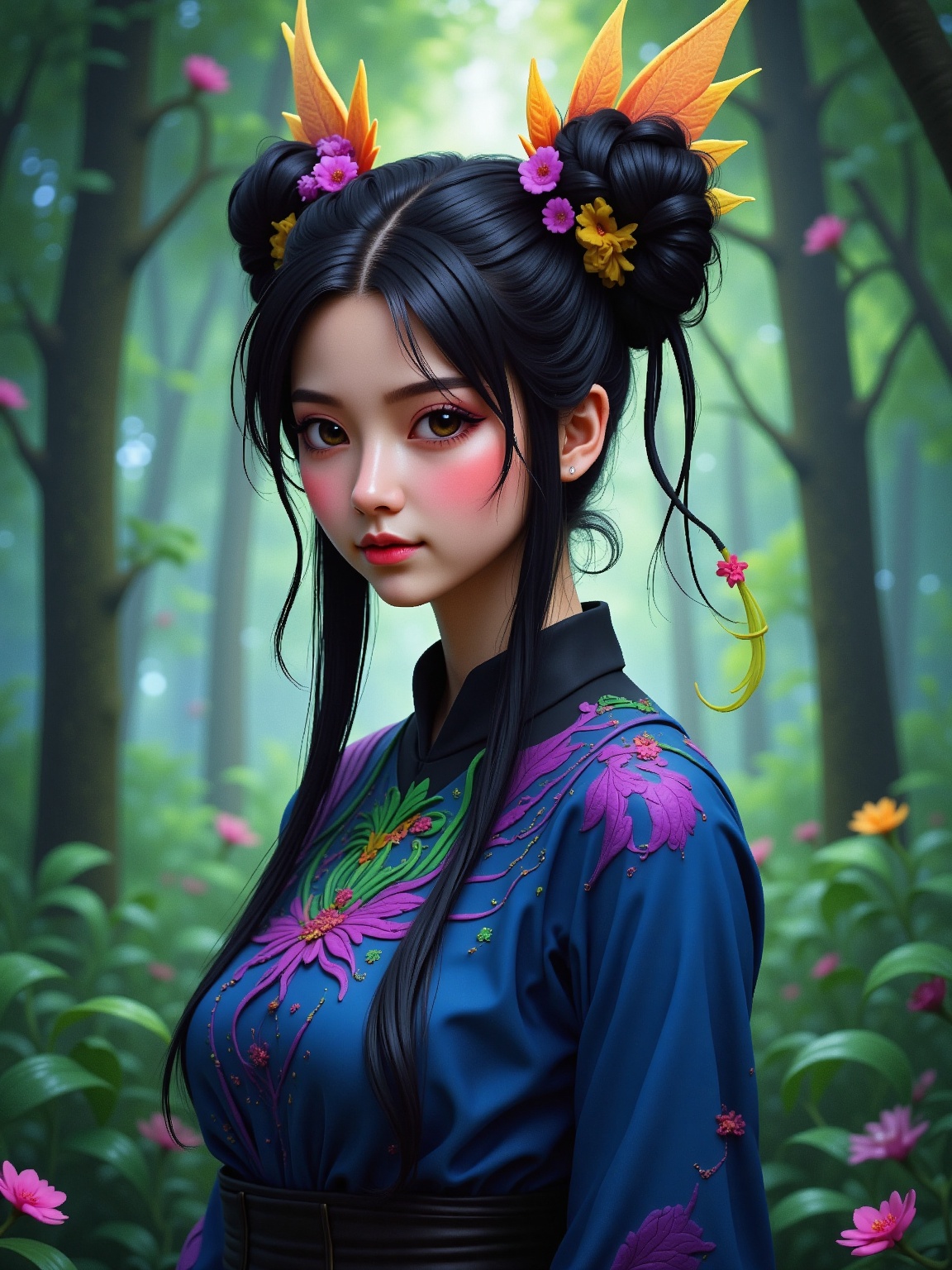 A medium-sized animated image of a woman with long dark hair in a ponytail. Her hair is pulled back in a bun with two blac...