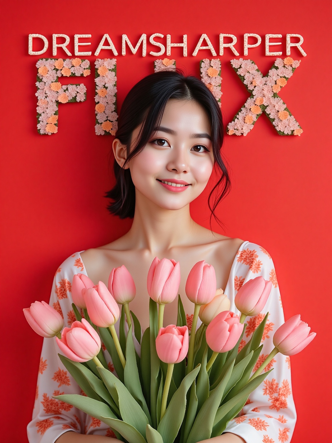 A stunning,  cheerful portrait of a young cute asian woman holding a bouquet of fresh pink tulips,  set against a bold on...