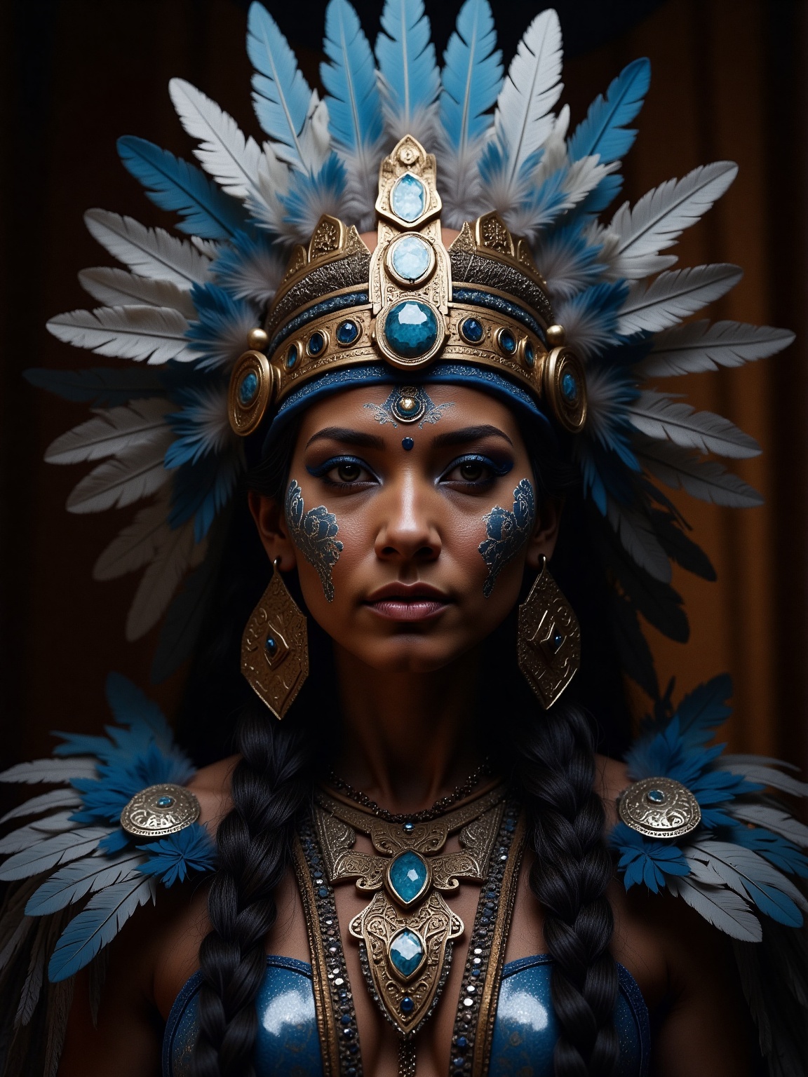 A regal figure adorned in an elaborate headdress of blue and white feathers,  accented with ornate gold elements and turqu...