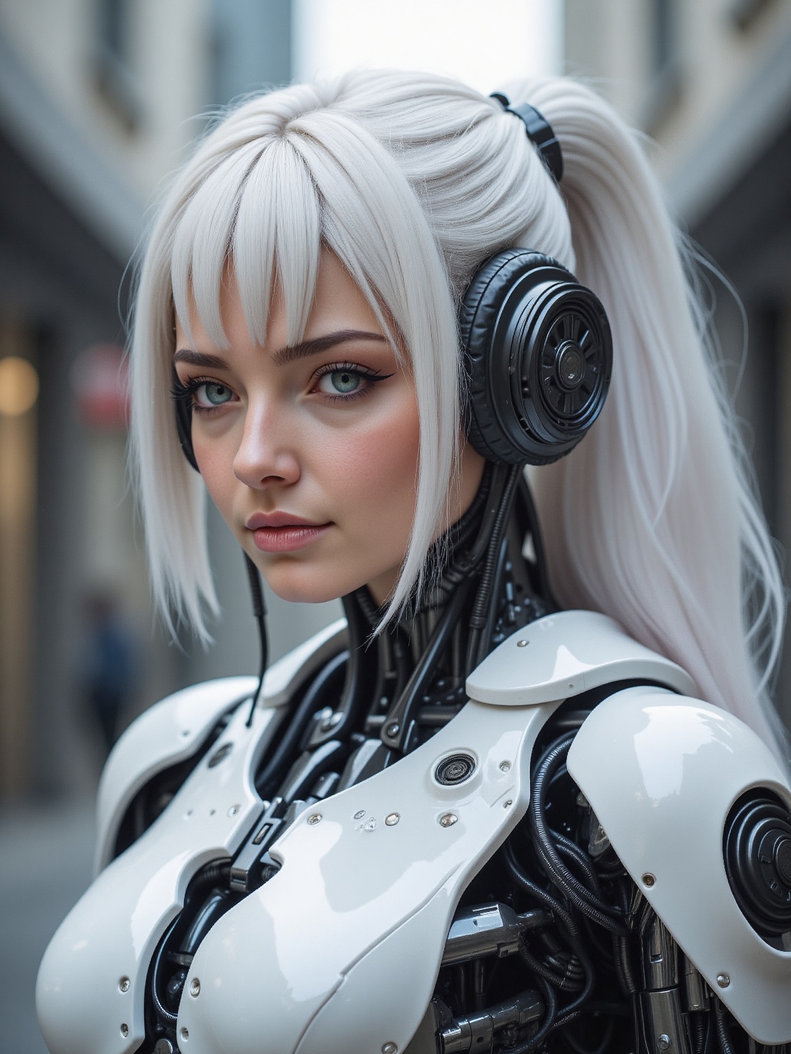 An intricately designed female android with a sleek,  futuristic appearance stands prominently. She has long,  white hair...