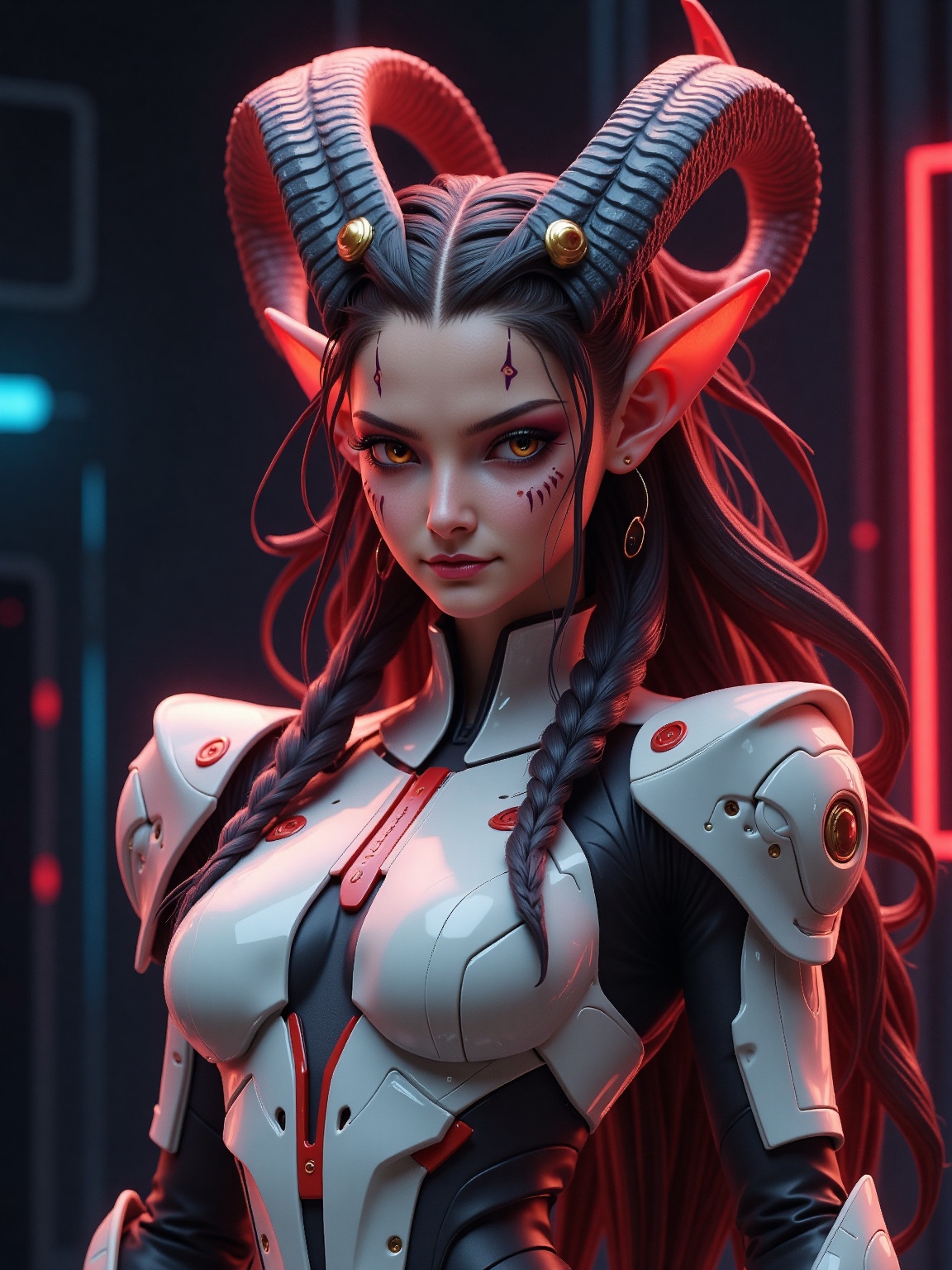A female figure with striking orange eyes and intricate facial markings stands with confidence. She has long,  dark braide...