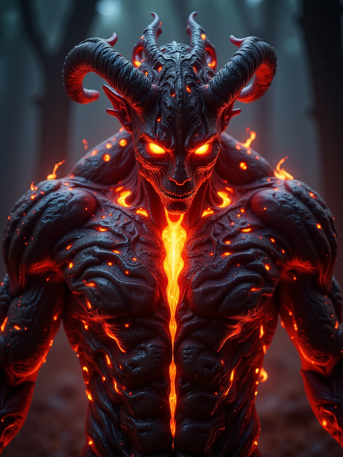 A formidable,  demonic figure stands amidst a dark,  ethereal forest. Its skin on Tensor.Art