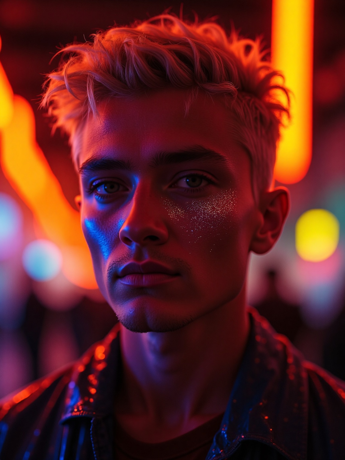 A person with short,  curly,  blonde hair is illuminated by vibrant on Tensor.Art
