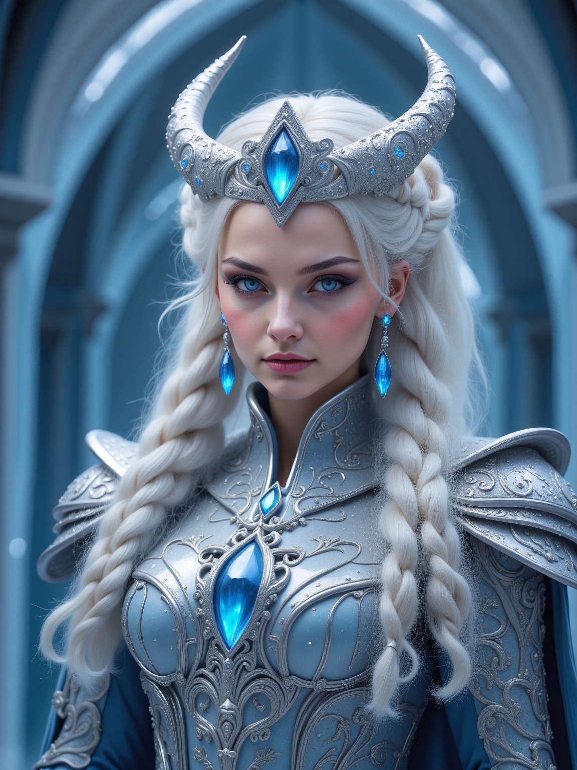 A regal figure stands adorned in elaborate silver and blue armor embellished with intricate patterns and glowing blue gems...